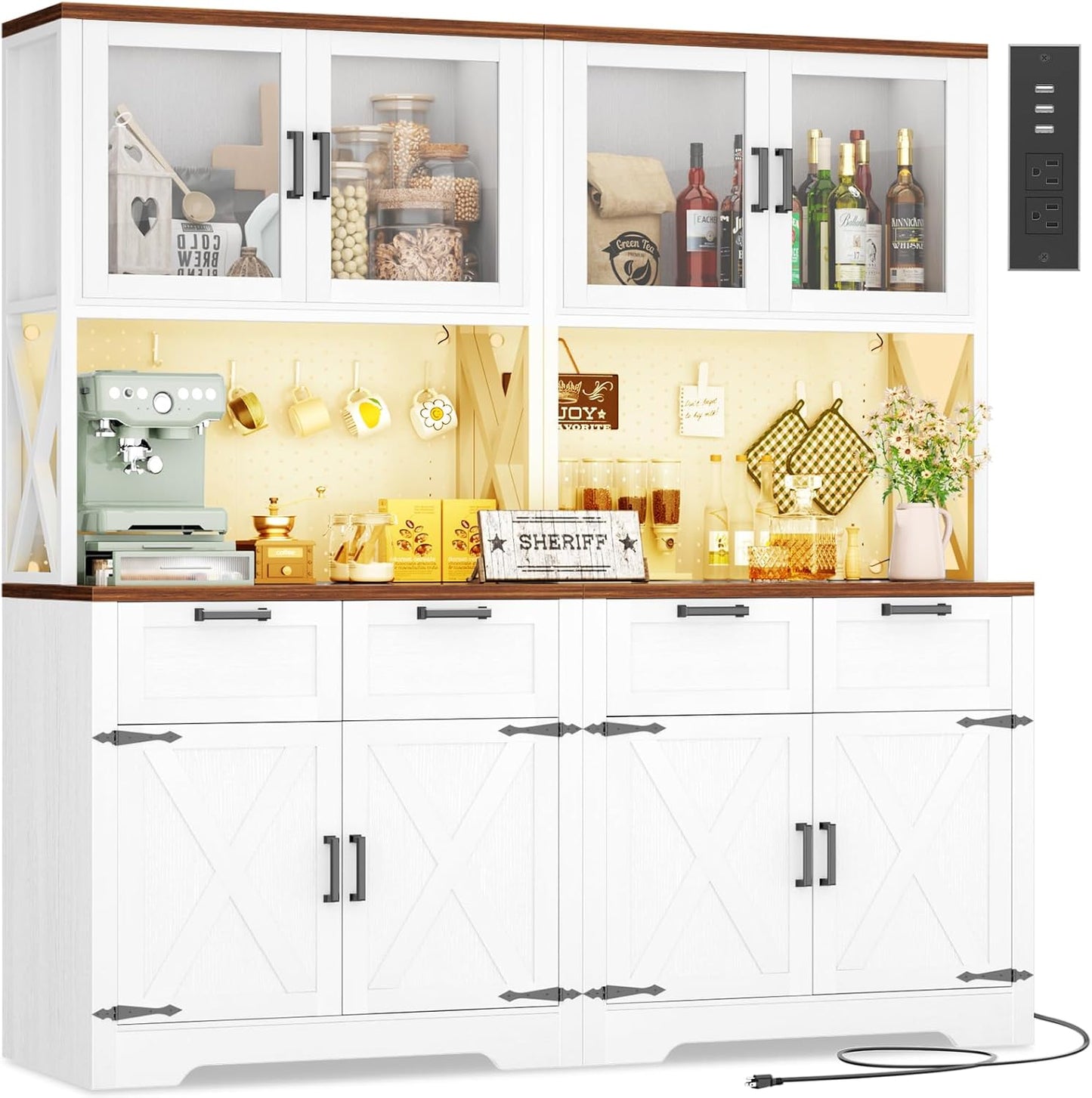 71" Tall Kitchen Pantry Storage Cabinet with LED Light & Outlet, 63" Wide Kitchen Hutch Cabinet with Large Countertop, DIY Pegboard and Drawers, Farmhouse Food Pantry for Living Room,