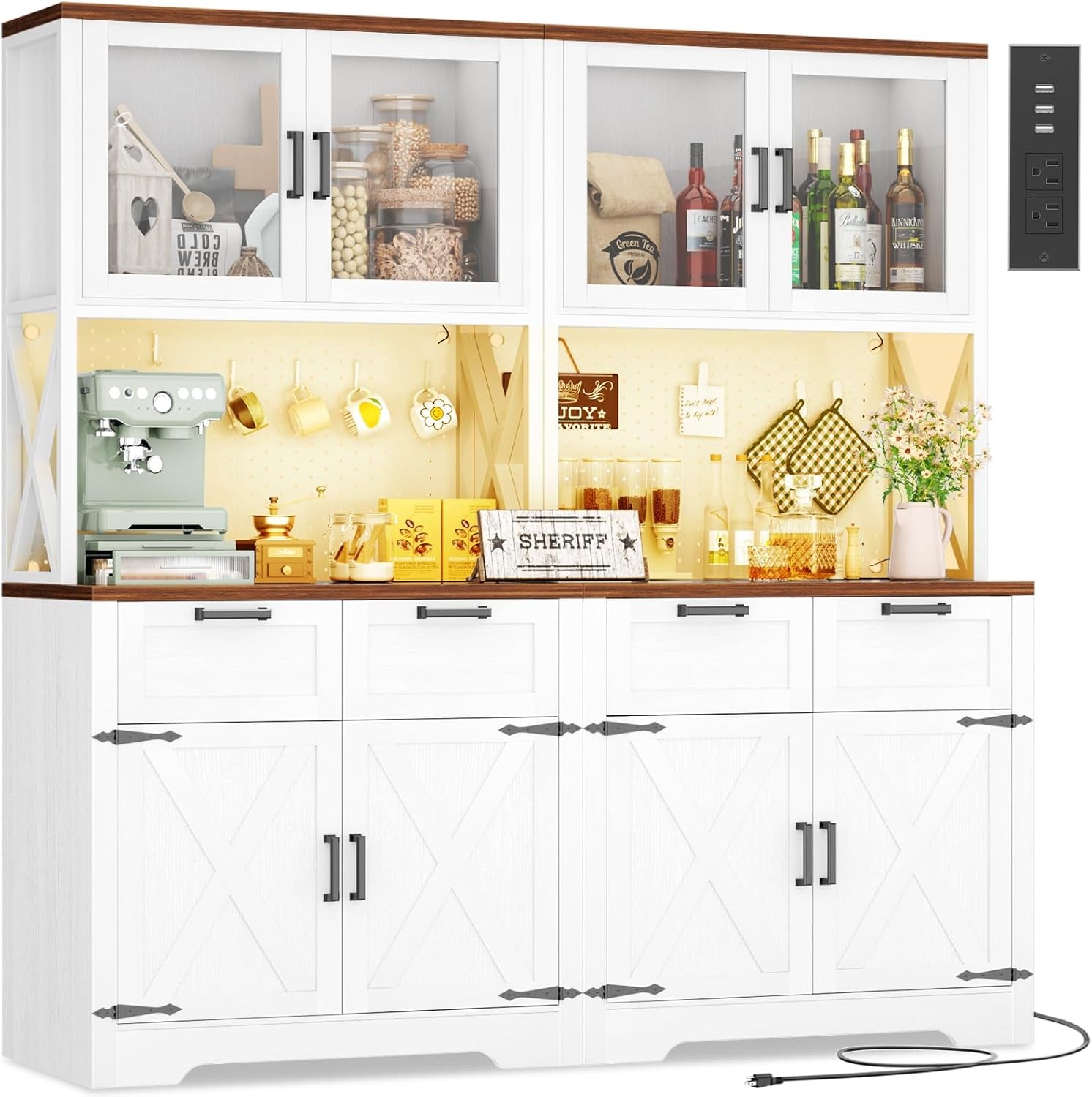 71" Tall Kitchen Pantry Storage Cabinet with LED Light & Outlet, 63" Wide Kitchen Hutch Cabinet with Large Countertop, DIY Pegboard and Drawers, Farmhouse Food Pantry for Living Room,