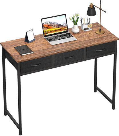 Computer Desk with Drawers, 39.3 Inch Small Vanity Desk with Storage, Home Office Bedroom Desk for Small Spaces, Modern Work Writing Study Gaming Tables, Rustic Brown