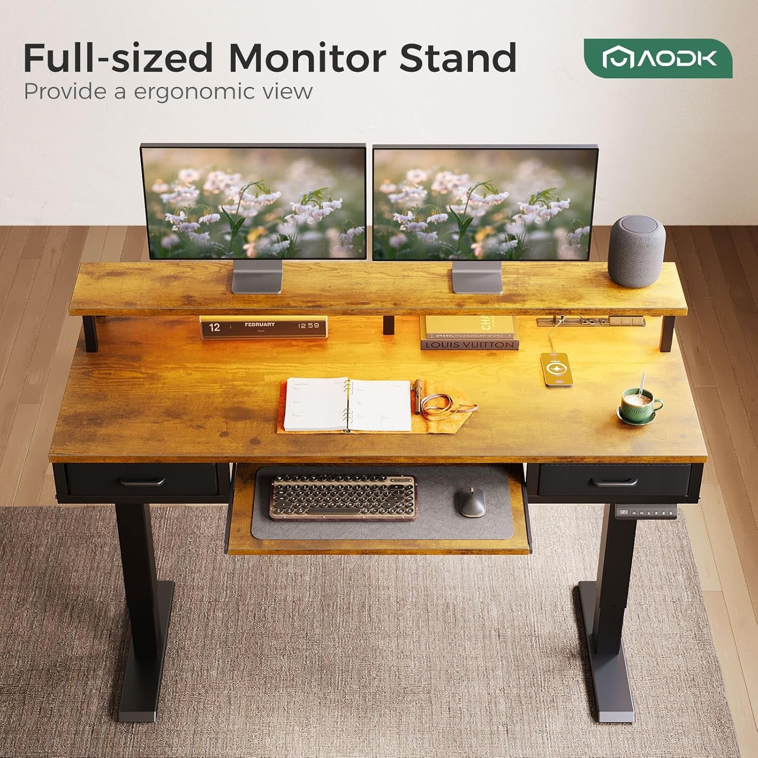 Electric Standing Desk with Drawers & Keyboard Tray, 55 Inch Height Adjustable Gaming Desk with Power Outlets & LED Lights, Sit Stand Table with Monitor Stand for Home, Office, Rustic Brown