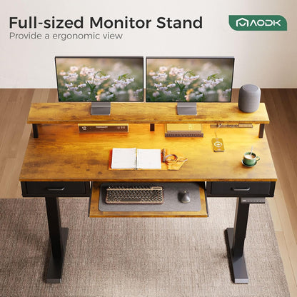 Electric Standing Desk with Drawers & Keyboard Tray, 55 Inch Height Adjustable Gaming Desk with Power Outlets & LED Lights, Sit Stand Table with Monitor Stand for Home, Office, Rustic Brown