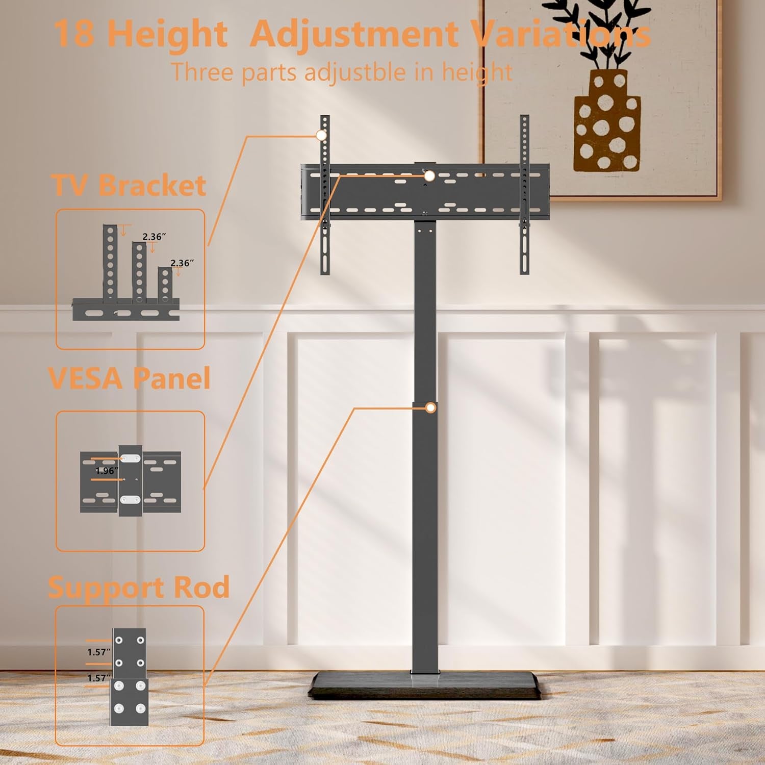 Universal Floor TV Stand,Tv Floor Mount Stand for 32-75 Inch TV up to 110 Lbs, Swivel and Height Adjustable Tall TV Stand for Bedroom,Office(Tcp01-M-A02)
