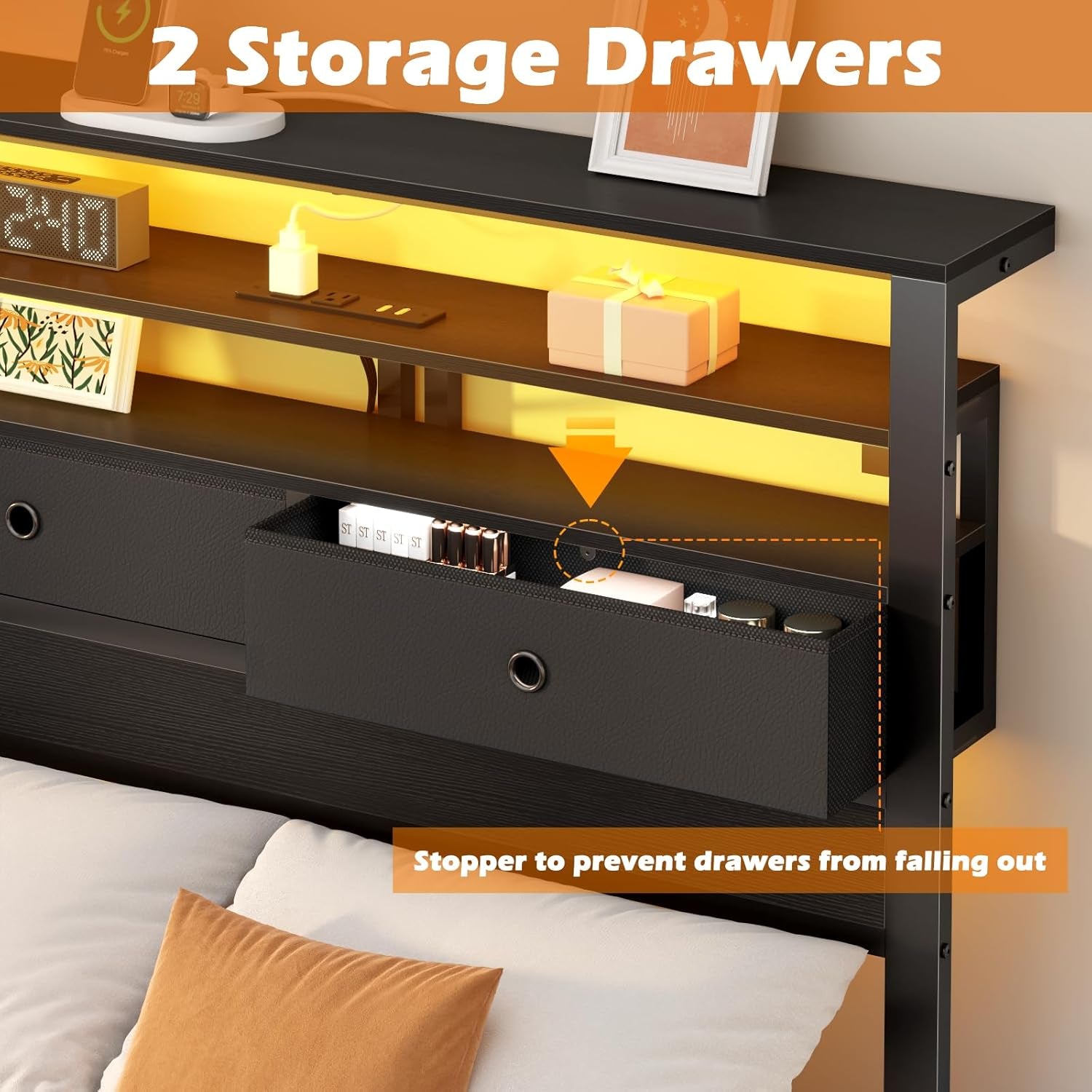 Twin Bed Frames with Charging Station and LED Lights, Wood Headboard with 2 Fabric Drawers and Storage Shelves, Twin Size Platform Bed with Metal Slats, No Box Spring Needed, Black Oak