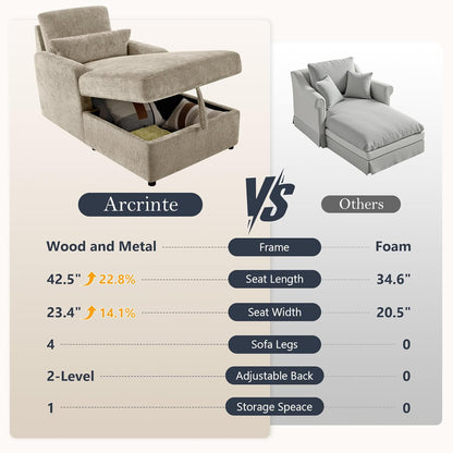 Chaise Lounge Chair Indoor with 2-Position Adjustable Backrest, Chenille Lounge Sofa Chairs with Storage Space & 2 Pillows, Modern Upholstered Reading Chair for Living Room, Bedroom, Office