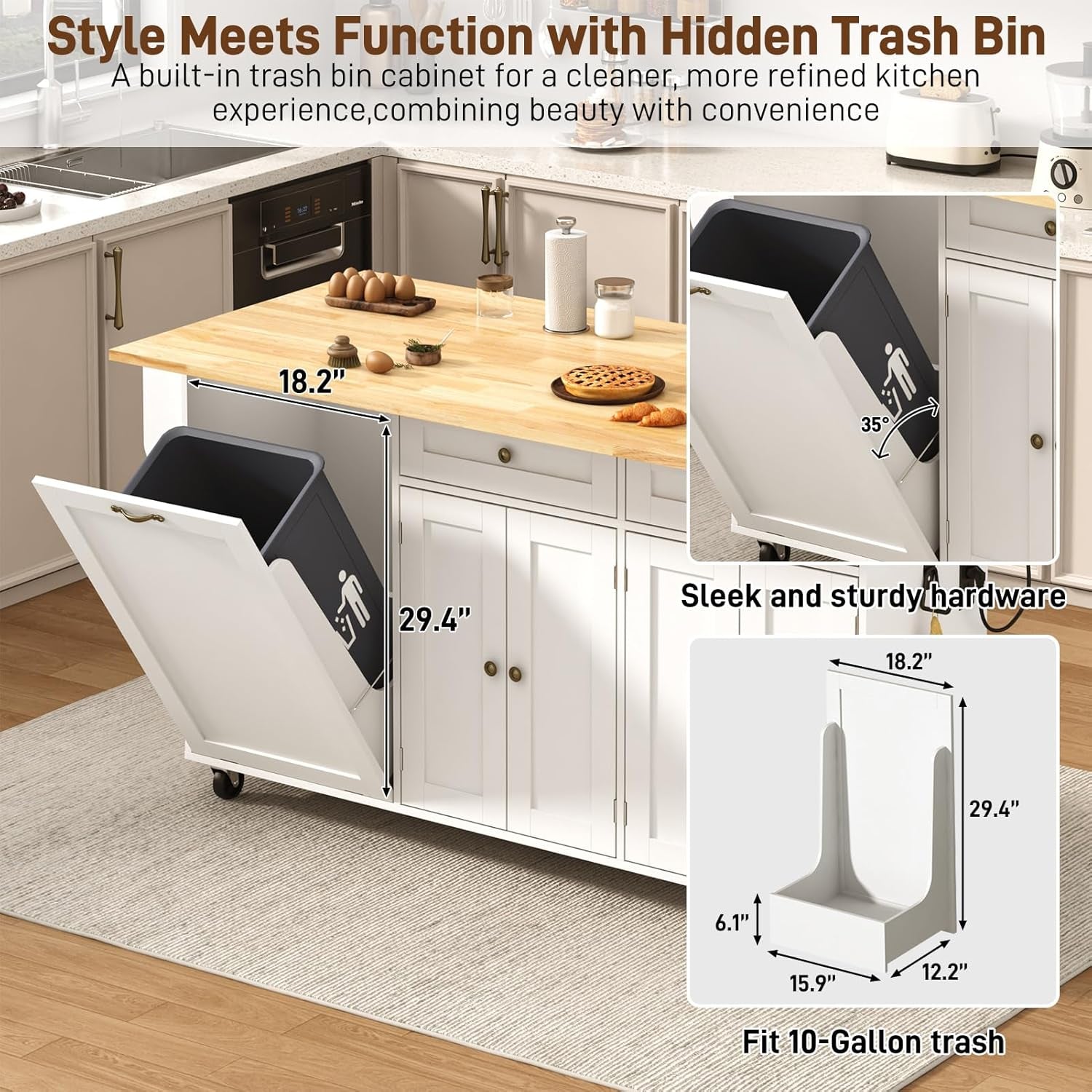 67" Large Movable Kitchen Island W/Sliding Drop Leaf,Power Outlet, Kitchen Rolling Island Cart W/ 2 Drawers, Island Table on Wheels W/ Trash Storage Cabinet,Spice Rack, Towel Bar,Garage Hook, White