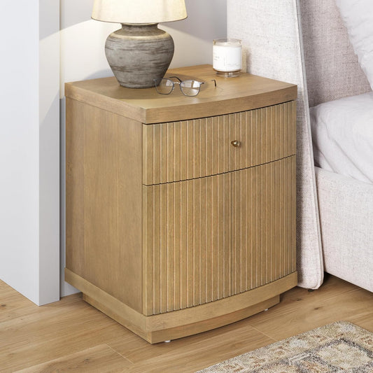 Tambellini Mid Century Modern Nightstand, Bedside Table with Drawer and Cabinet Storage, Solid Wood Legs and Fluted Door Fronts, Light Brown