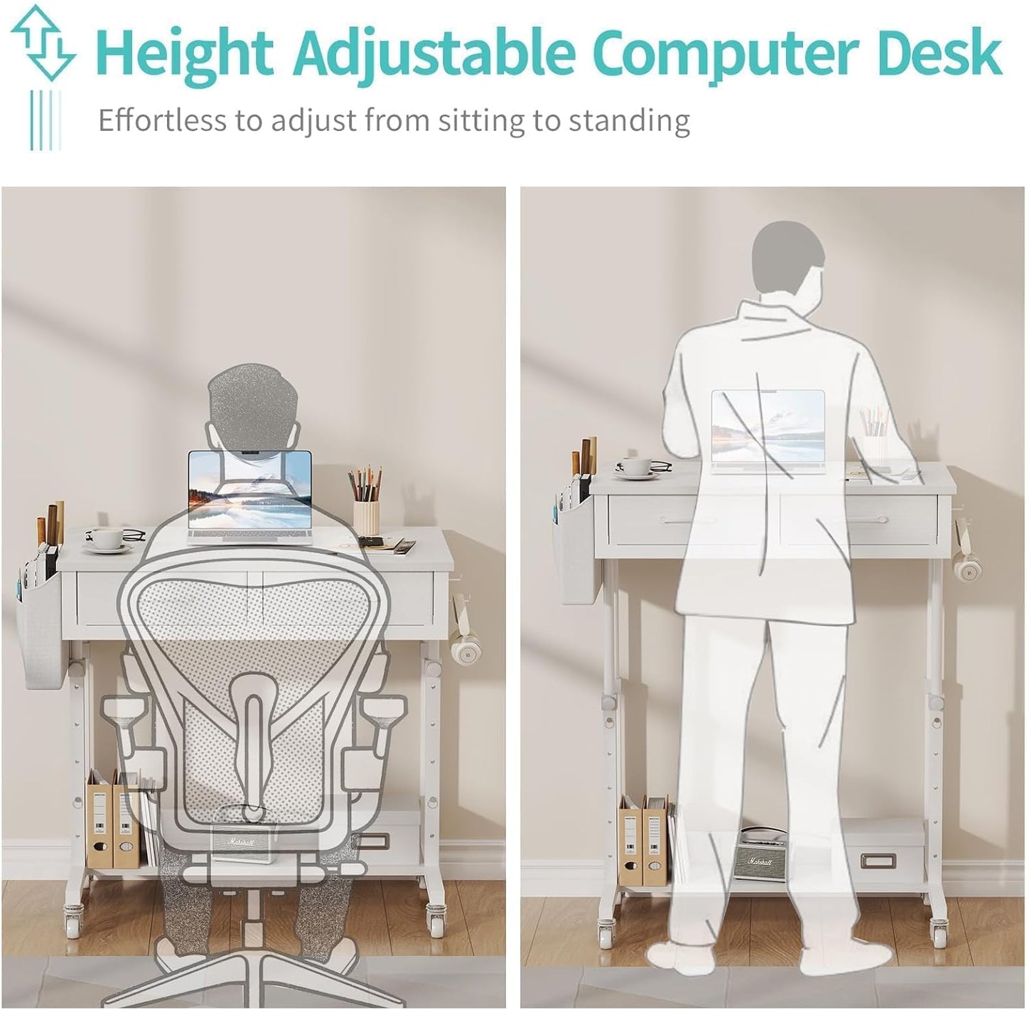 Small White Portable Adjustable Rolling Kids Desk with Drawers & Storage Shelf, 32 Inch Mobile Standing Vanity Desks with Wheels, Couch Sofa Side Laptop Craft Table for Bedroom Home Office