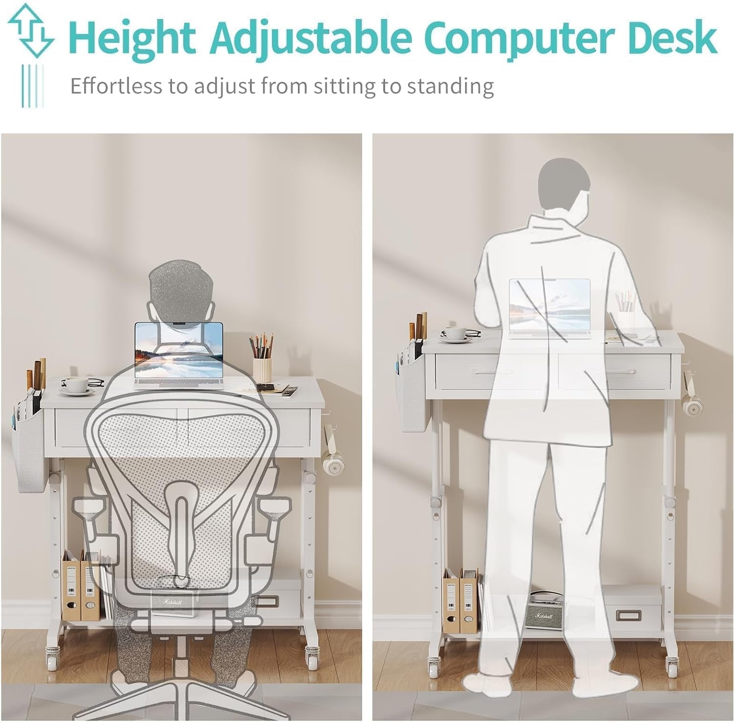 Small White Portable Adjustable Rolling Kids Desk with Drawers & Storage Shelf, 32 Inch Mobile Standing Vanity Desks with Wheels, Couch Sofa Side Laptop Craft Table for Bedroom Home Office