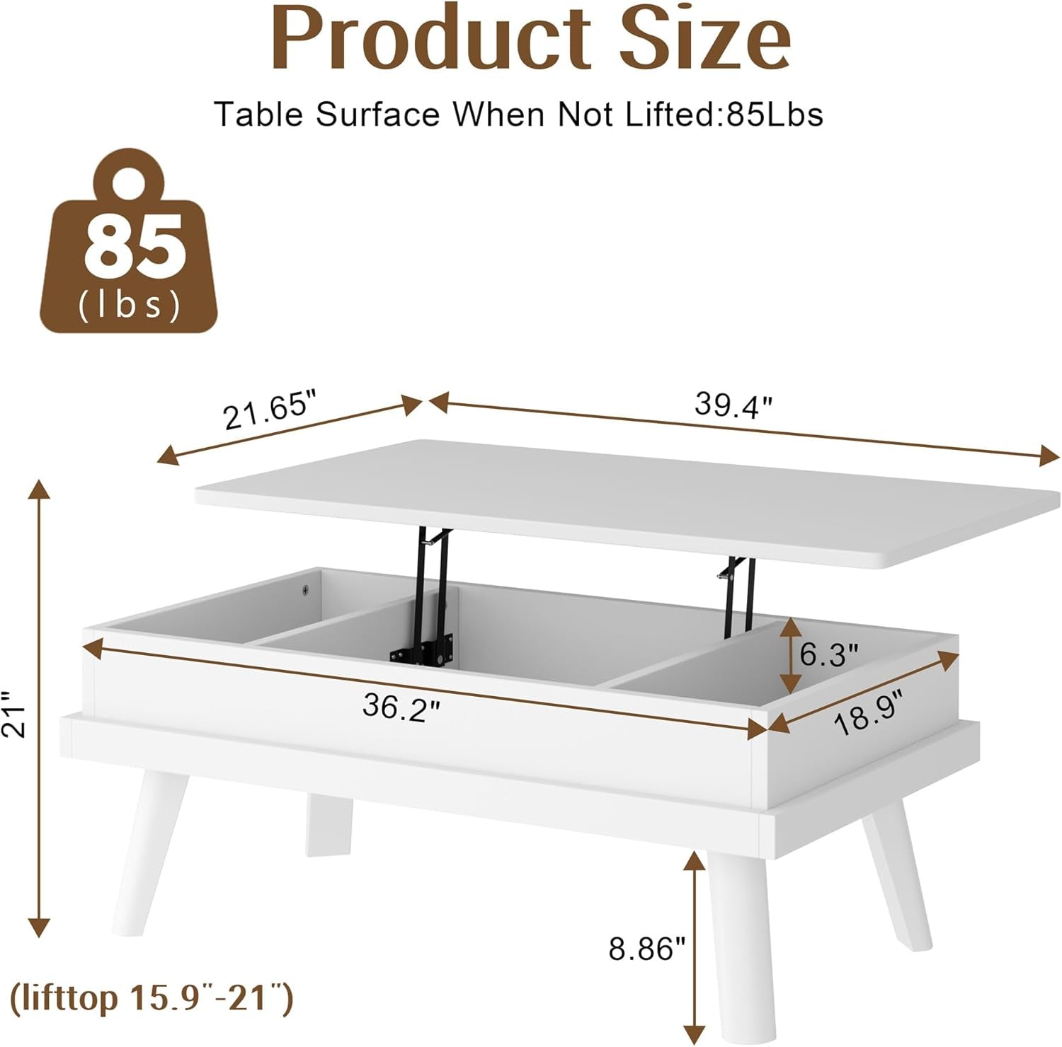Coffee Table, Lift Top Coffee Table with Hidden Compartment, Rising Tabletop Dining Table, Lift Top Coffee Center Table for for Living Room, Office, Home (White)