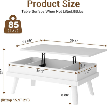 Coffee Table, Lift Top Coffee Table with Hidden Compartment, Rising Tabletop Dining Table, Lift Top Coffee Center Table for for Living Room, Office, Home (White)