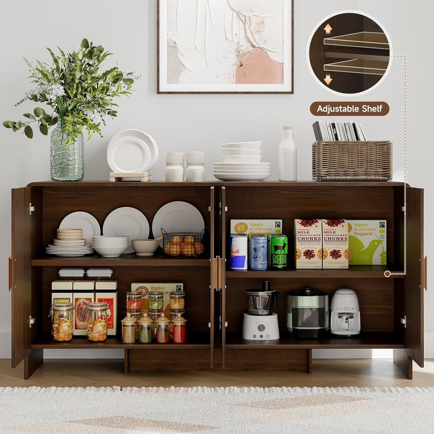 60" Sideboard Buffet Cabinet with Storage, Curved Design Farmhouse Coffee Bar Cabinet with 4 Doors & Adjustable Shelves for Living Room, Kitchen, Hallway, Walnut