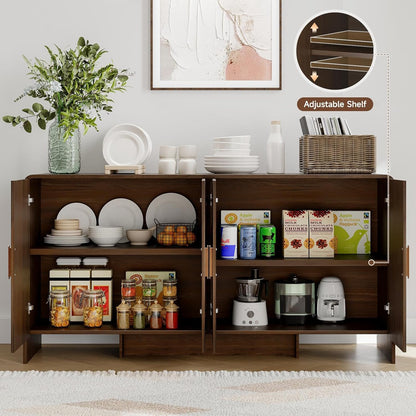 60" Sideboard Buffet Cabinet with Storage, Curved Design Farmhouse Coffee Bar Cabinet with 4 Doors & Adjustable Shelves for Living Room, Kitchen, Hallway, Walnut