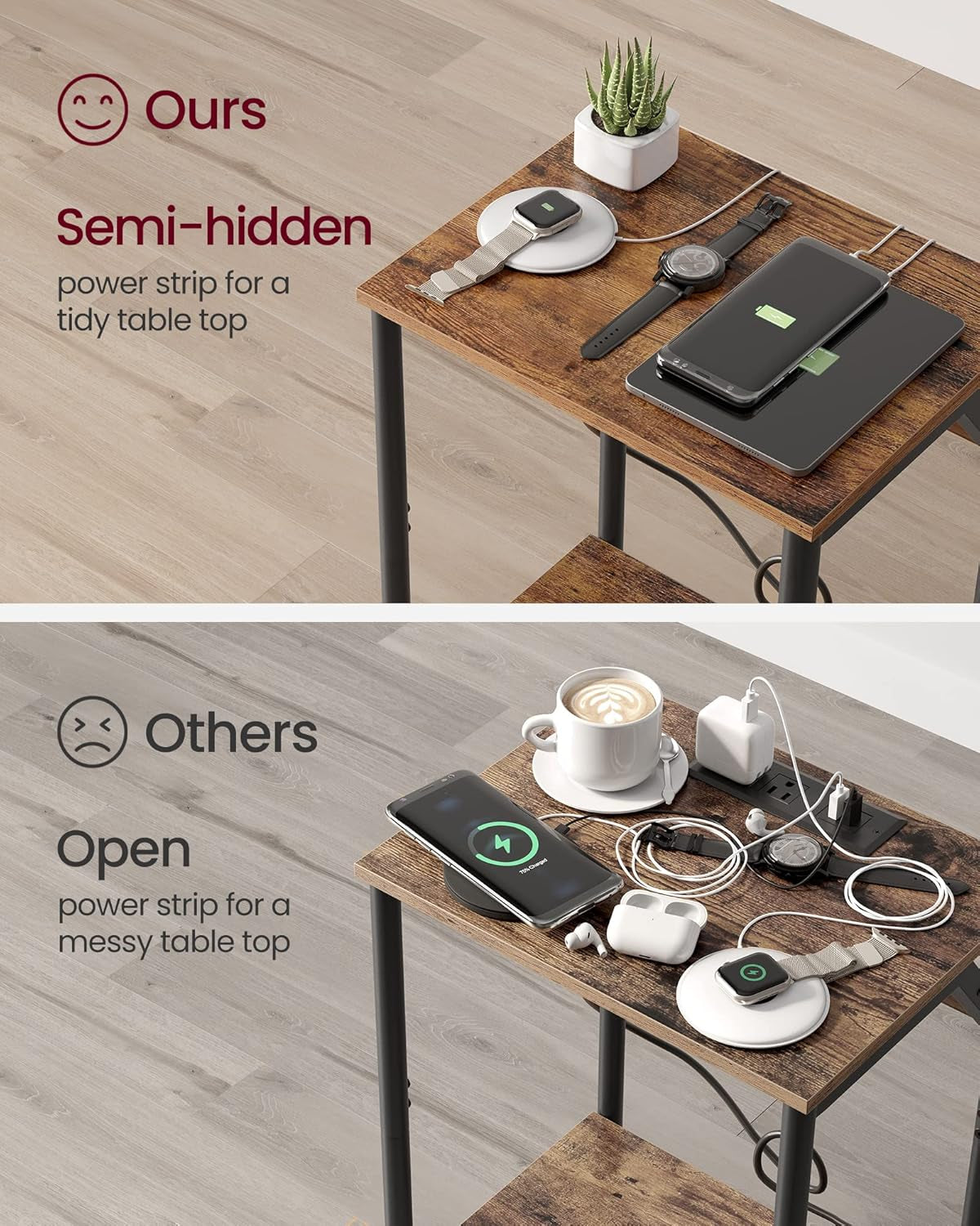 End Table with Charging Station, Set of 2, Small Side Tables for Living Room, Bedroom, Nightstand with Outlets and USB Ports, Bedside Table with Storage Shelf, Rustic Brown and Black