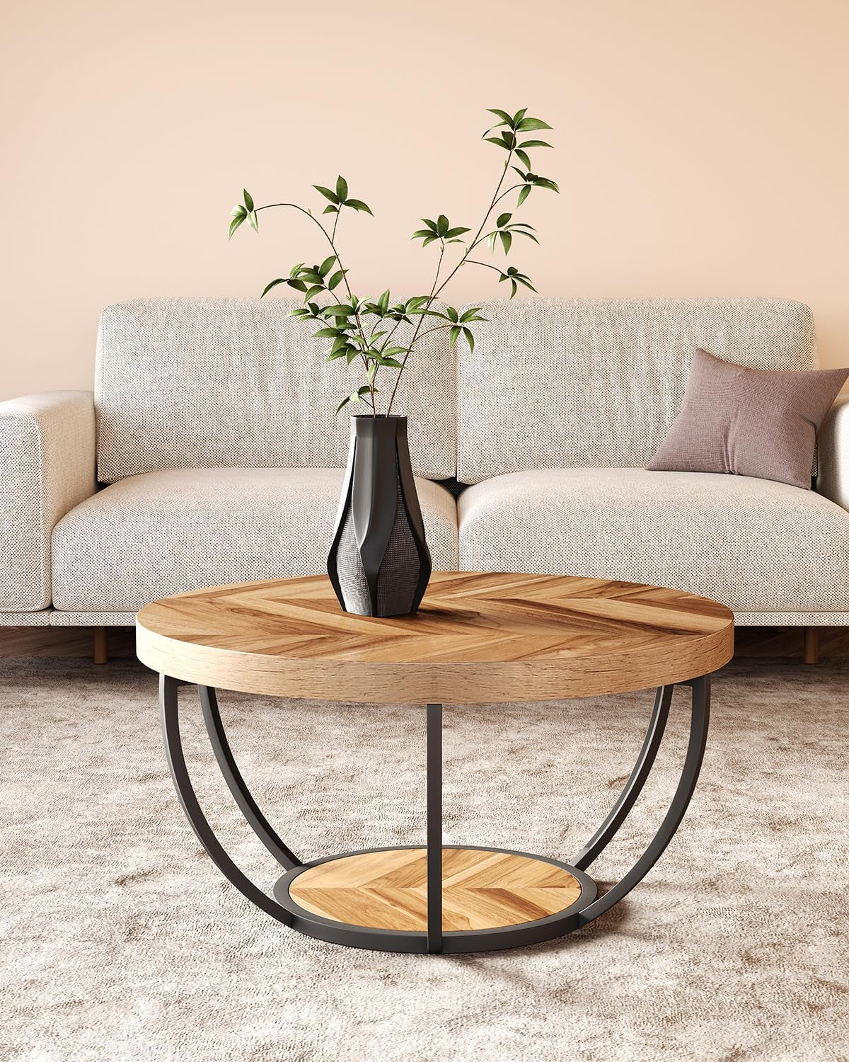 round Coffee Table, 32" Circle Coffee Table for Living Room, 2-Tier Wood Accent Center Table with Open Storage Industrial Design Home Furniture (Wood Grain and Black)
