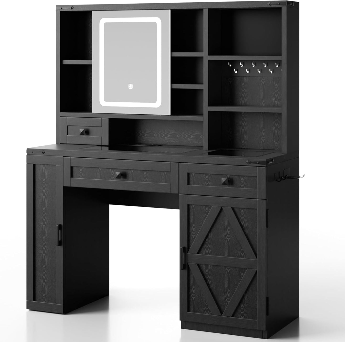 Farmhouse Makeup Vanity Desk with Sliding Mirror and Lights, Glass Desktop Makeup Vanity Desk with Charging Station, 3-Tier Hidden Slide-Out Vanity Shelves, Jewelry Storage Cabinet, 2 Drawers-Black