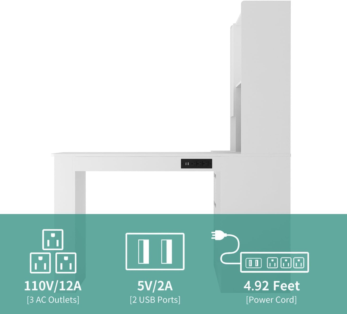 L Shaped Desk with Charger, Computer Desk with Drawers, Bookshelf, LED Light, Modern Corner Desk