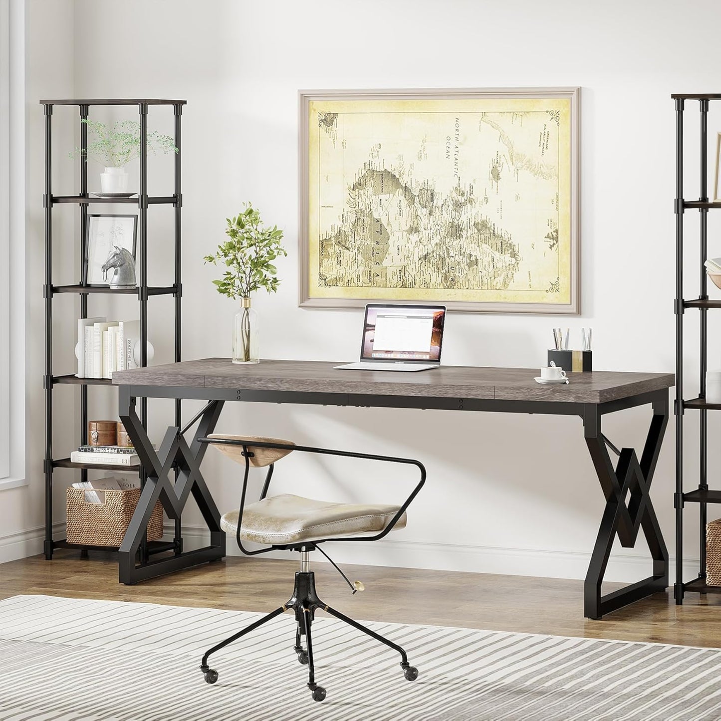 63 Inch Executive Desk, Large Office Computer Desk with Extra Thick Wooden Tabletop and Metal Frame, Modern Simple Workstation Writing Table Study Desk for Home Office, Gray