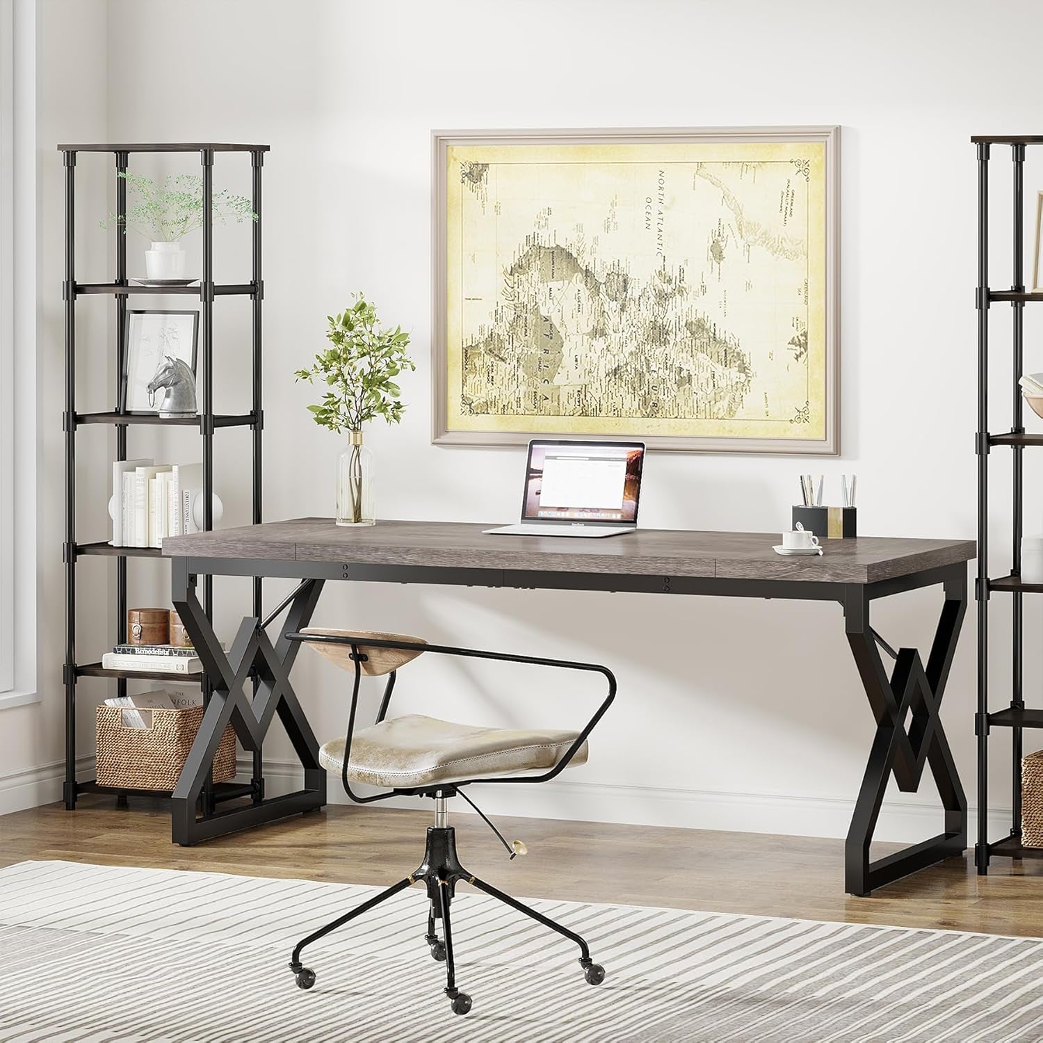 63 Inch Executive Desk, Large Office Computer Desk with Extra Thick Wooden Tabletop and Metal Frame, Modern Simple Workstation Writing Table Study Desk for Home Office, Gray