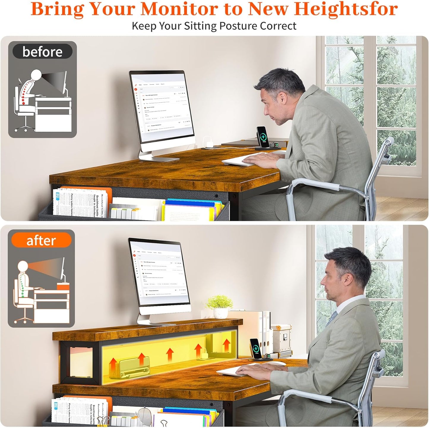 57" Office Desk with Drawers and Printer Space,Computer Desk with Power Outlets,Home Office Desks with File Drawers Cabinet,Study and Gaming Desk with Shelves Monitor Stand,Rustic Brown