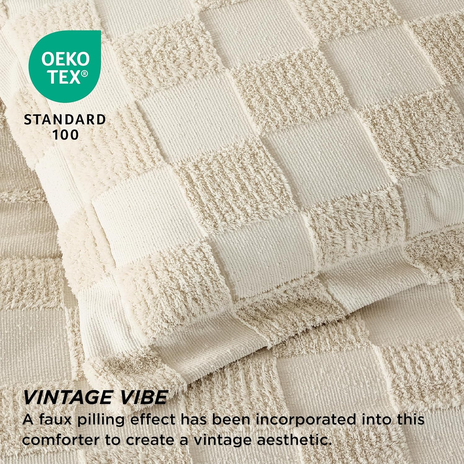 King Size Comforter Set Beige, Boho Tufted Bed Set, Checkered Farmhouse Shabby Chic Bedding, 3 Pieces, 1 Plaid Geometric Comforter and 2 Pillow Shams