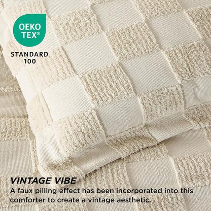 King Size Comforter Set Beige, Boho Tufted Bed Set, Checkered Farmhouse Shabby Chic Bedding, 3 Pieces, 1 Plaid Geometric Comforter and 2 Pillow Shams