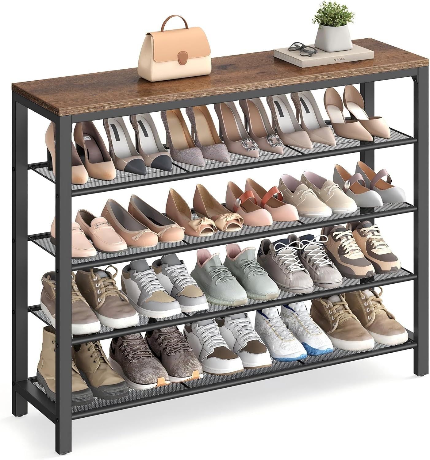 INDESTIC Shoe Rack, Shoe Organizer for Closet with 4 Mesh Shelves and Large Top for Bags, Entryway Hallway Shoe Shelf, Steel Frame, Industrial, Hazelnut Brown and Black ULBS015B03