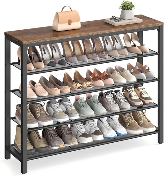 INDESTIC Shoe Rack, Shoe Organizer for Closet with 4 Mesh Shelves and Large Top for Bags, Entryway Hallway Shoe Shelf, Steel Frame, Industrial, Hazelnut Brown and Black ULBS015B03