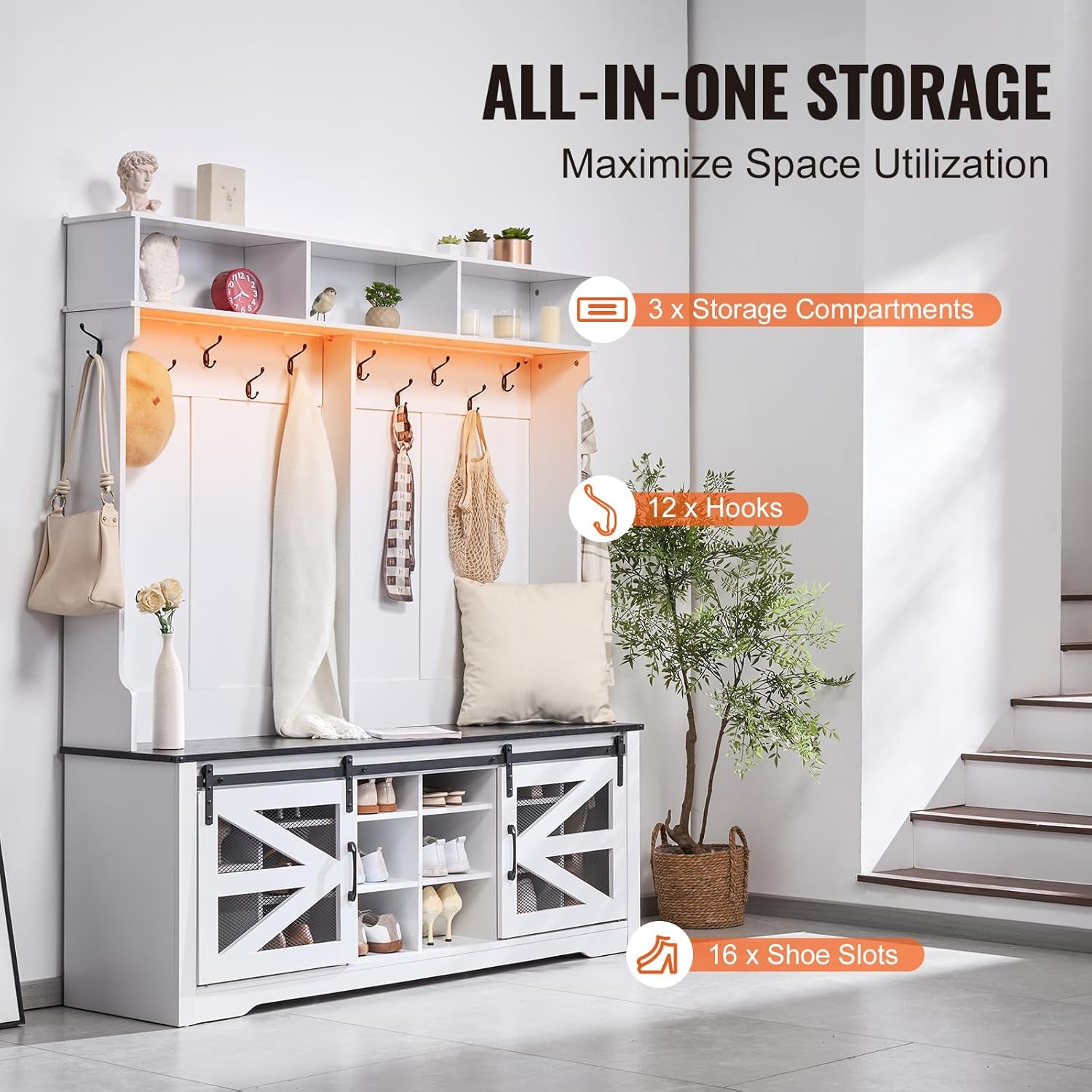 Hall Tree Entryway Bench, LED Coat Rack with Shoe Storage, 59" Wide Mudroom Bench with Storage and Seating, Adjustable Shelves and 12 Hanging Hooks, for Mudroom, Entryway, Hallway