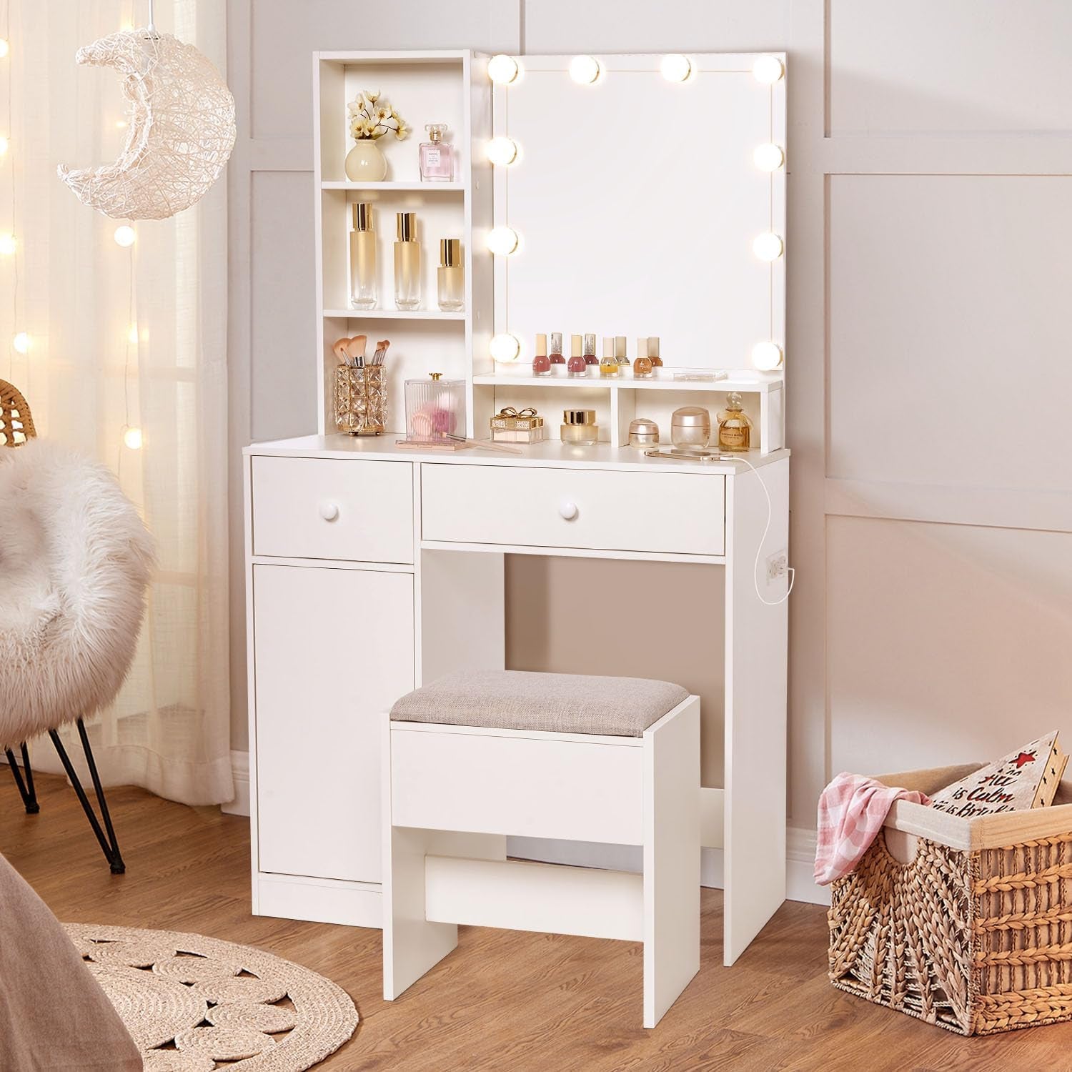 Vanity Desk with Mirror and Lights & Power Outlet, 31.5" Small Makeup Vanity Table with 4 Drawers and Stool for Bedroom, White