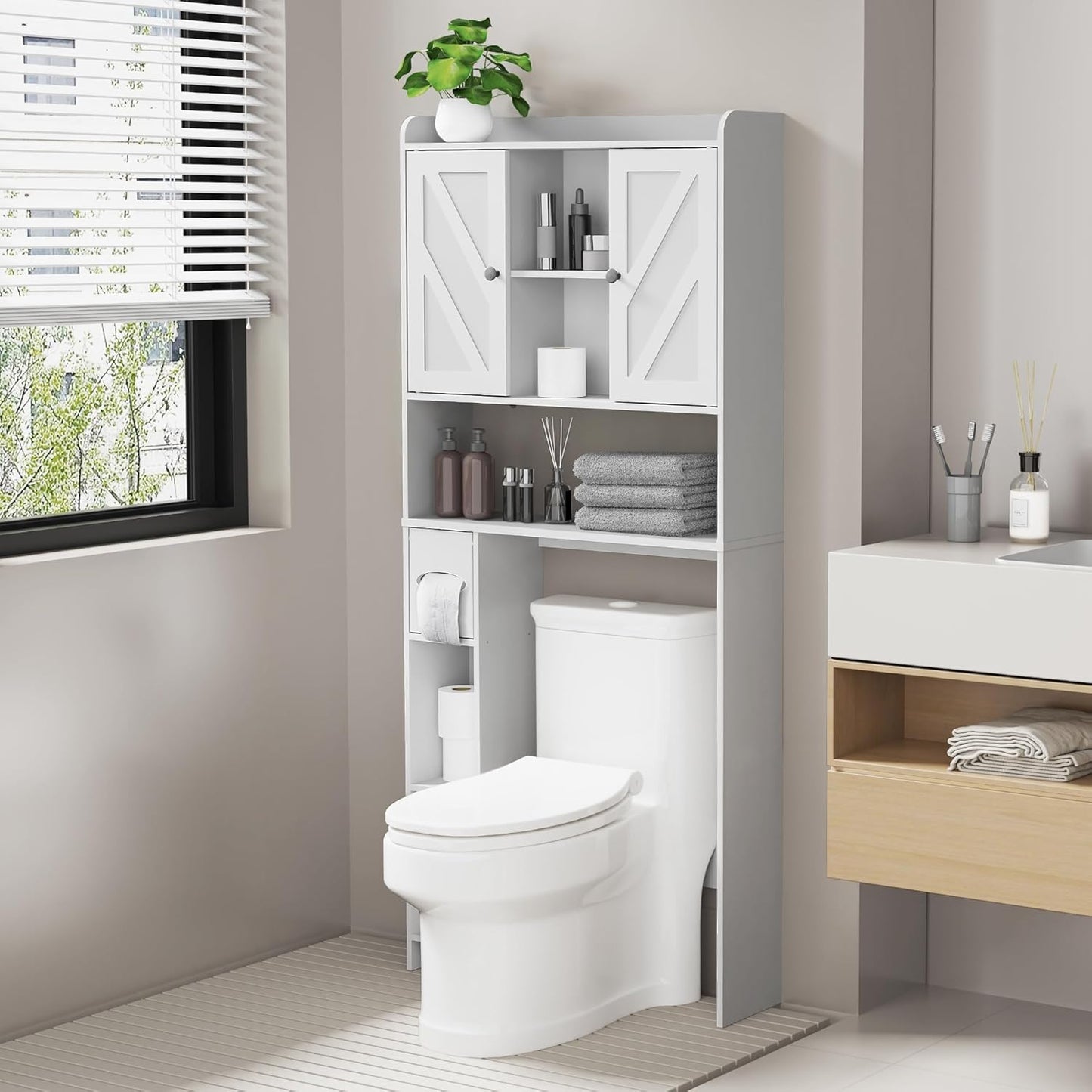 Over the Toilet Storage Cabinet: Farmhouse Storage Cabinet over Toilet with 2 Barn Door & Toilet Paper Holder Stand, Home Space-Saving Toilet Rack, for Bathroom, Restroom, Laundry