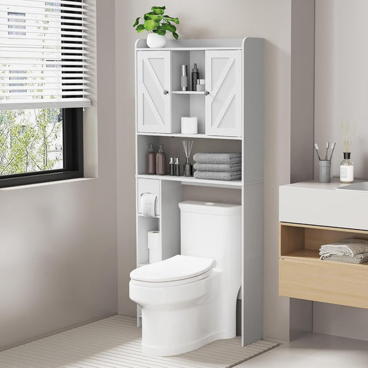 Over the Toilet Storage Cabinet: Farmhouse Storage Cabinet over Toilet with 2 Barn Door & Toilet Paper Holder Stand, Home Space-Saving Toilet Rack, for Bathroom, Restroom, Laundry