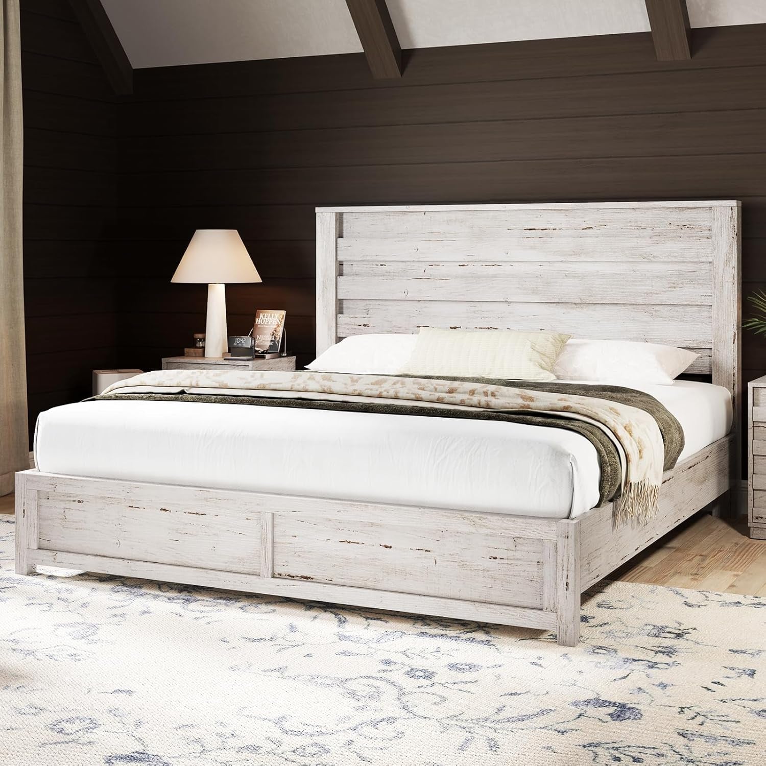 Farmhouse King Size Bed Frame with 49" Fluted Headboard, Wood Platform Bed with Natural Wood Grain, No Box Spring Needed/Noise Free, Distressed White