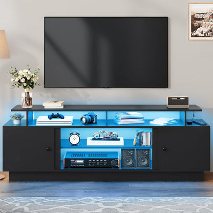 Modern TV Stand for 65/75 Inch Tvs, Entertainment Center with LED Lights, TV Shelf with Storage Cabinets & Movable Partition, TV Console for Living Room, Black