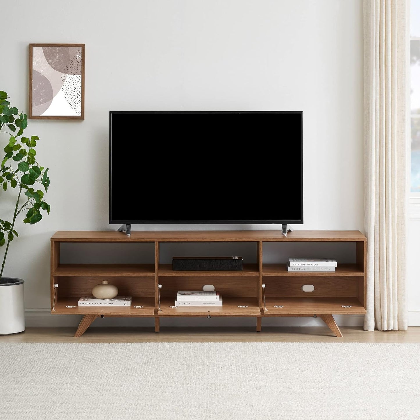 Kimi Mid Century Modern Minimalist Drop-Down Door Stand for Tvs up to 85 Inches, 70 Inch, Mocha