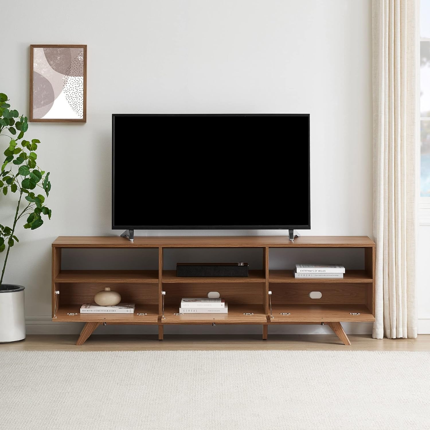 Kimi Mid Century Modern Minimalist Drop-Down Door Stand for Tvs up to 85 Inches, 70 Inch, Mocha