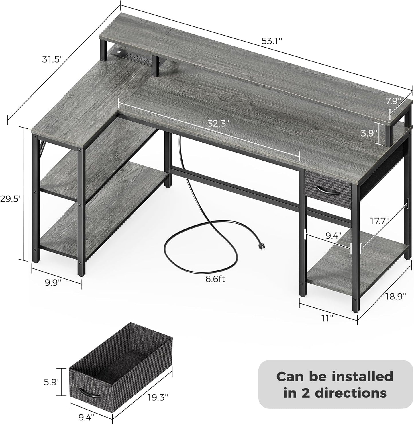 53 Inch Reversible L Shaped Desk with LED Lights & Power Outlets, Computer Desk with Shelves & Monitor Stand, Gaming Desk with Drawer, Home Office Desk Corner Desk, Grey
