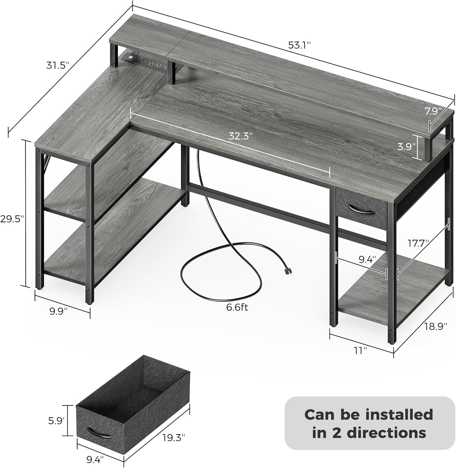 53 Inch Reversible L Shaped Desk with LED Lights & Power Outlets, Computer Desk with Shelves & Monitor Stand, Gaming Desk with Drawer, Home Office Desk Corner Desk, Grey