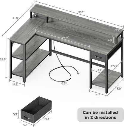 53 Inch Reversible L Shaped Desk with LED Lights & Power Outlets, Computer Desk with Shelves & Monitor Stand, Gaming Desk with Drawer, Home Office Desk Corner Desk, Grey