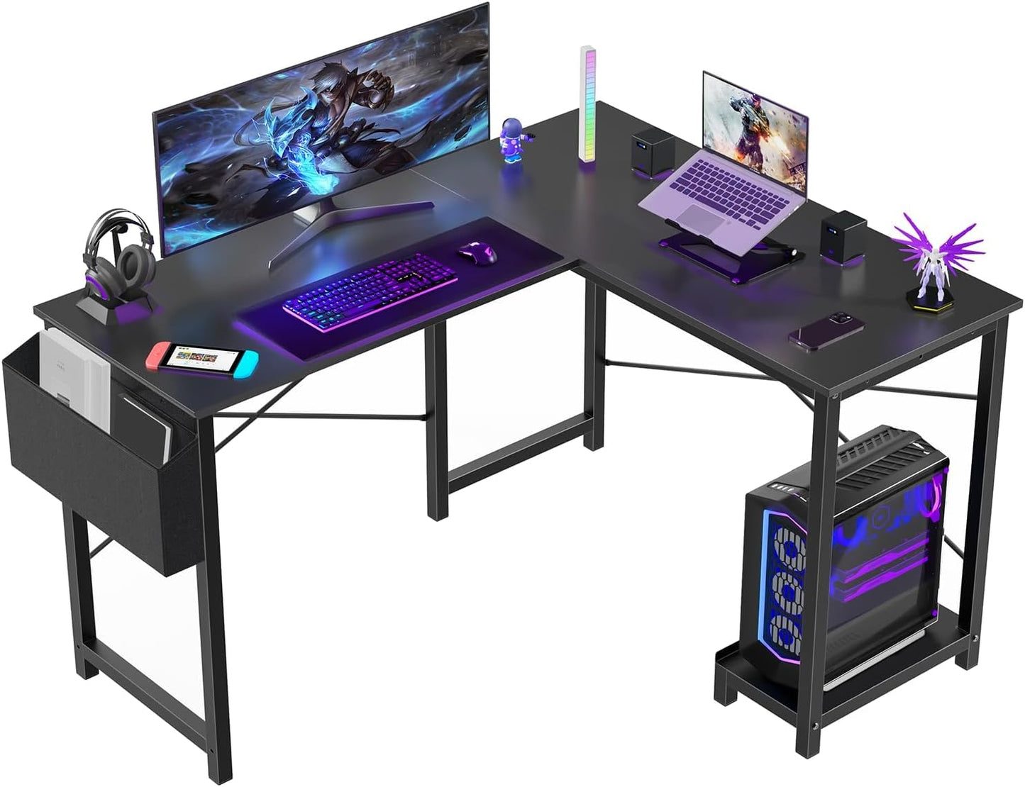 L Shaped Desk - Computer Desk Corner Desks Gaming Desk PC Table with CPU Stand Side Bag for Home Office Dorm Sturdy Writing Workstation, Black, 50-Inch