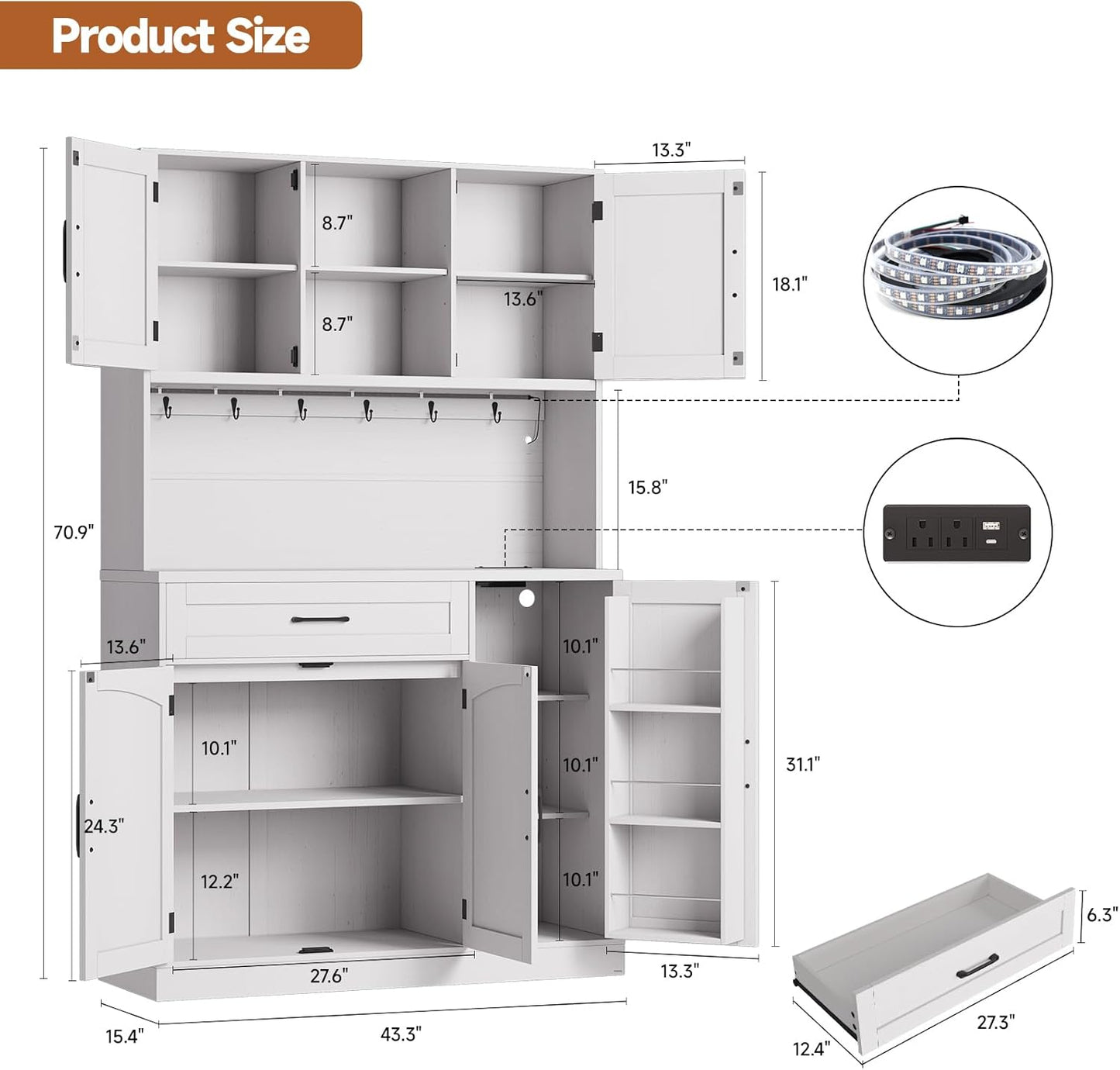 71" Pantry Cabinet, Kitchen Pantry Storage Cabinet with LED Light & Outlet, Kitchen Hutch with Microwave Shelf & 6 Hooks, Door Shelves & Drawer & Adjustable Shelves, for Dining Room