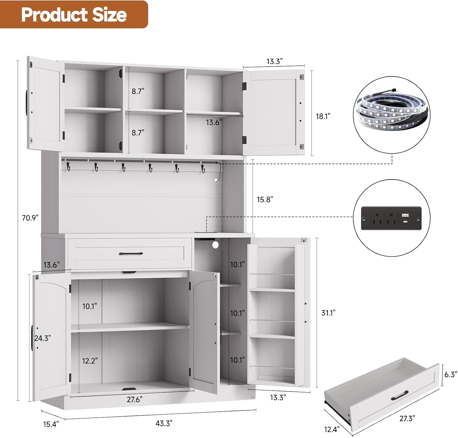 71" Pantry Cabinet, Kitchen Pantry Storage Cabinet with LED Light & Outlet, Kitchen Hutch with Microwave Shelf & 6 Hooks, Door Shelves & Drawer & Adjustable Shelves, for Dining Room