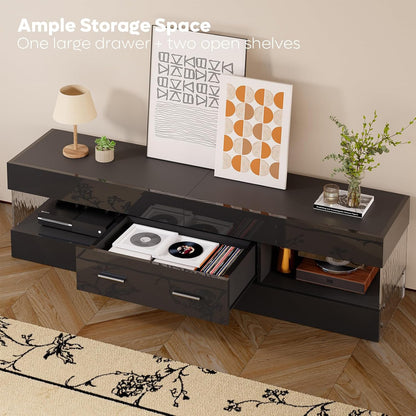Black TV Stand for 55/60/65 Inch TV, High Gloss Modern TV Stand with Stone-Patterned Side Panels, LED Entertainment Center with Large Drawer, TV Consoles for Living Room, Bedroom