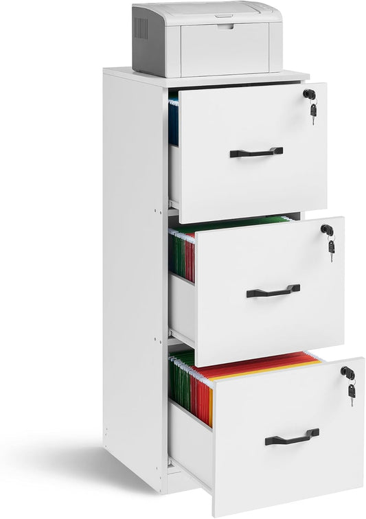 3 Drawer File Cabinet, File Cabinet with Lock, Printer Stand, Office Filing Cabinet Organizer, for A4 and Letter Size Files, Cloud White UOFC055W14
