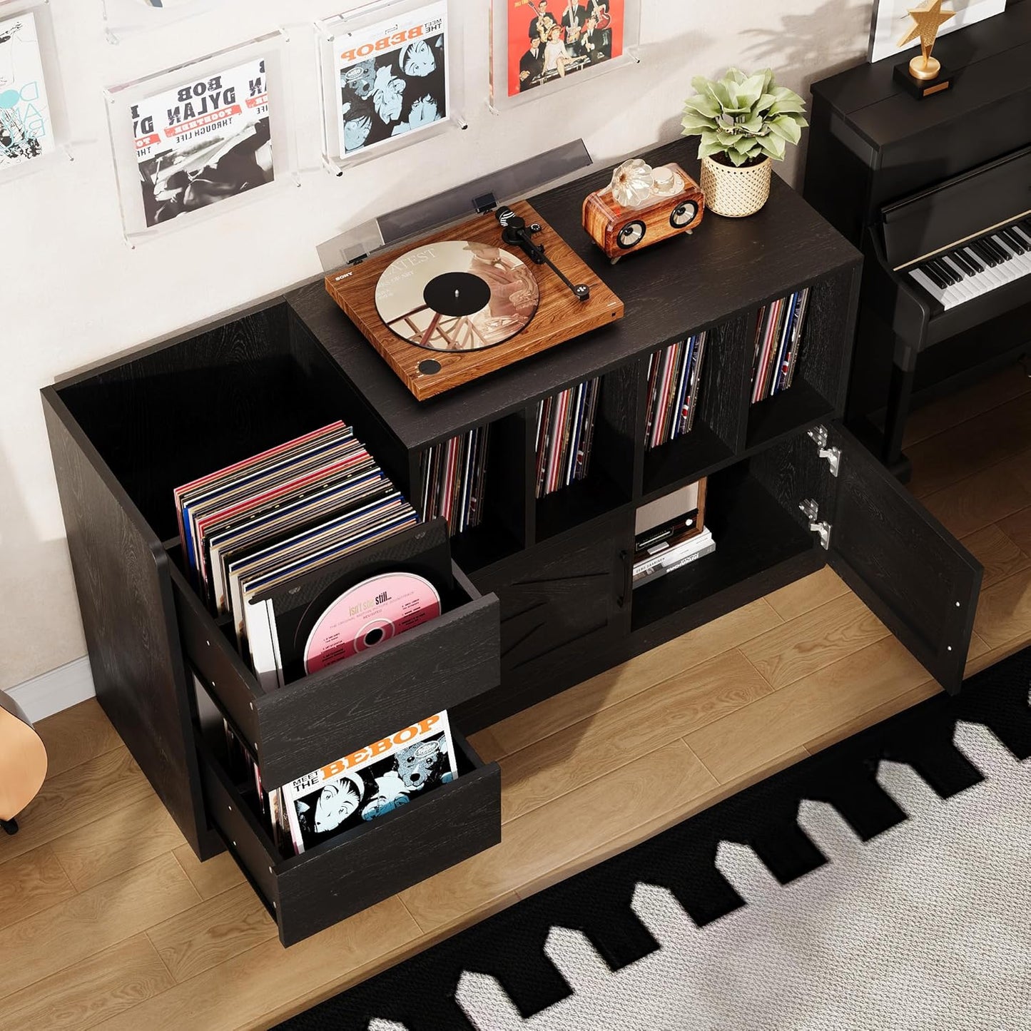 Record Player Stand, Vinyl Record Player Table with Storage Cabinet and Drawers, Mid Century Modern Turntable Stand Holds up to 600+ Albums for Living Room, Music Room, Black