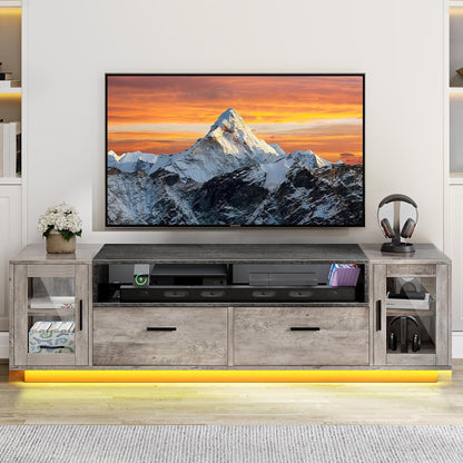 TV Stands for Living Room, Farmhouse TV Stand for 65/70 Inch TV, LED TV Entertainment Center with Storage & Power Outlets, TV Console Cabinet, Rustic Grey