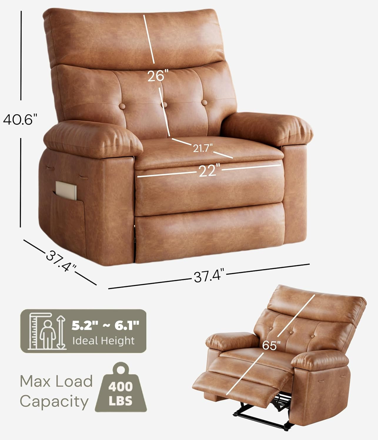 Recliner Chair - PU Leather Manual Recliner for Adults, Lazy Chair with 1.5X Sponge Comfort Arm and Back for Living Room, Bedroom