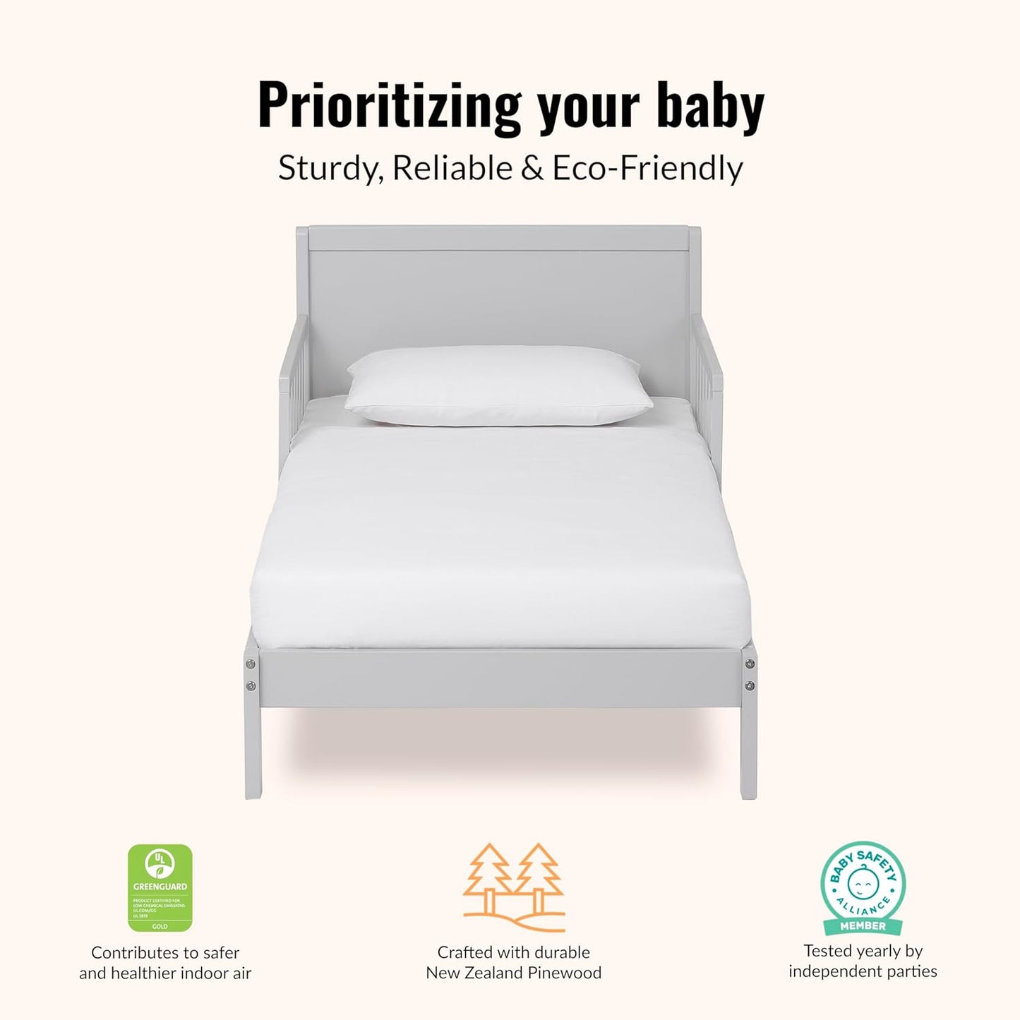 Brookside Wooden Toddler Bed in Pebble Grey, Greenguard Gold & JPMA Certified, Kids Bed with Safety Rails, Low-To-Floor Design, Non-Toxic Pinewood Finish