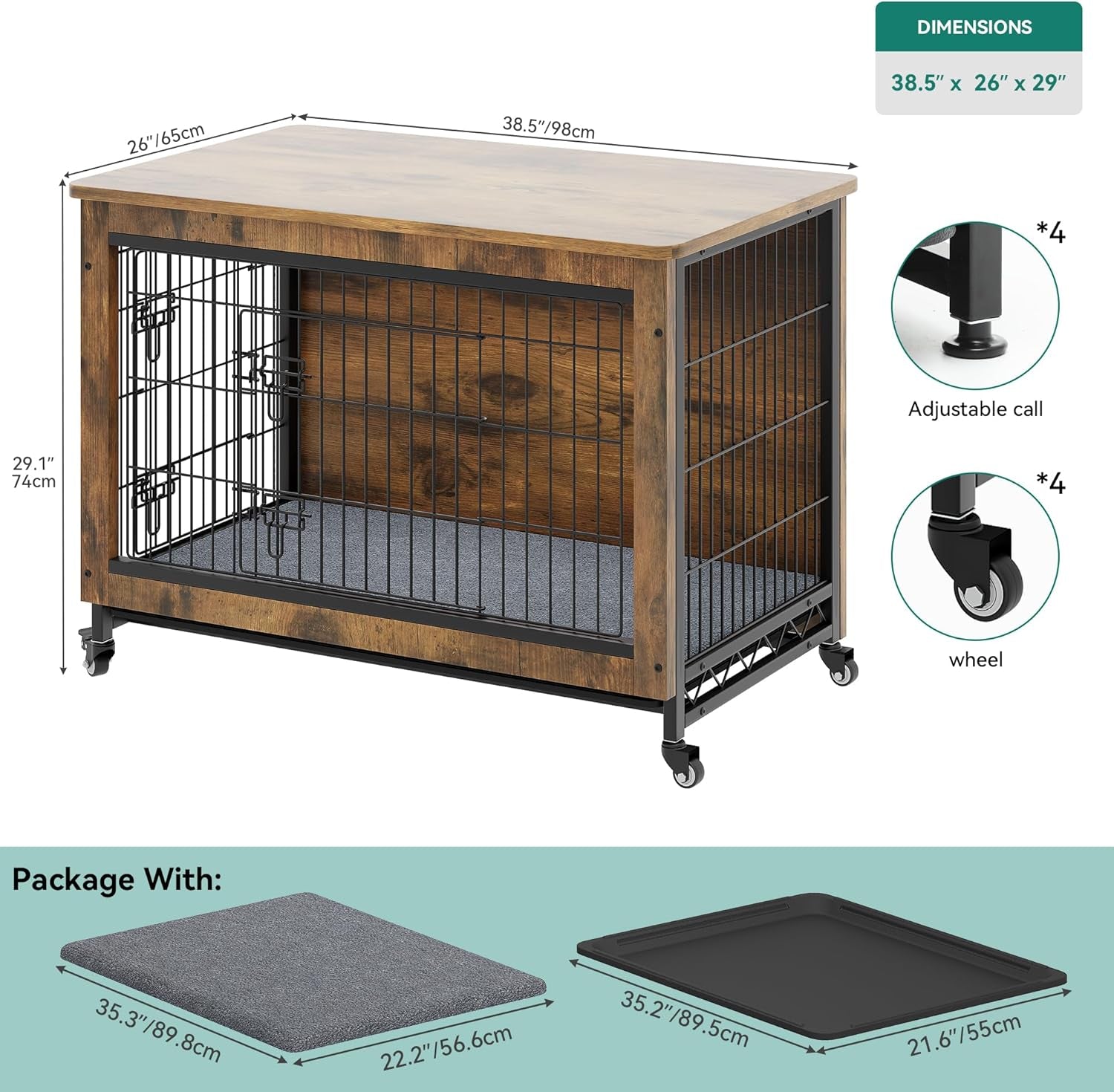 Dog Kennel Furniture with Wheels, Wooden Dog Crate Furniture with Cushion, 38" Dog Crate End Table with Tray for Small/Medium Dog (Rustic Brown)