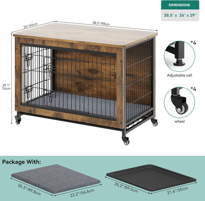 Dog Crate Furniture with Cushion, Kennel with Wheels, End Table with Tray, 27" Cage with Double Doors for Small Dog (Gray)