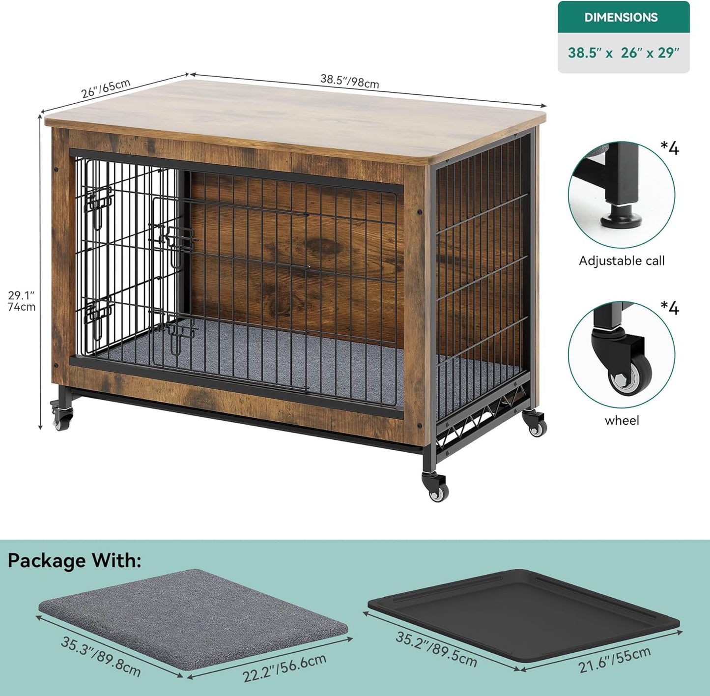 Dog Crate Furniture with Cushion, Dog Kennel Indoor with Wheels, 27" Dog Cage with Double Doors for Small Dog (Rustic Brown)